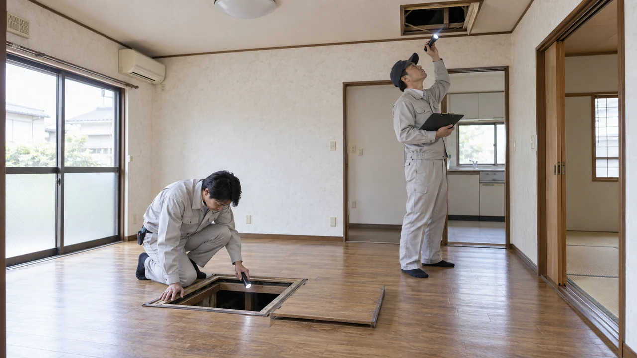 建物の構造を確認する現地調査の様子